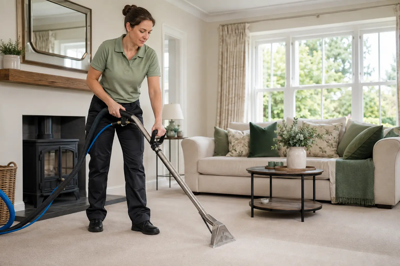 Professional female cleaner using carpet extraction equipment