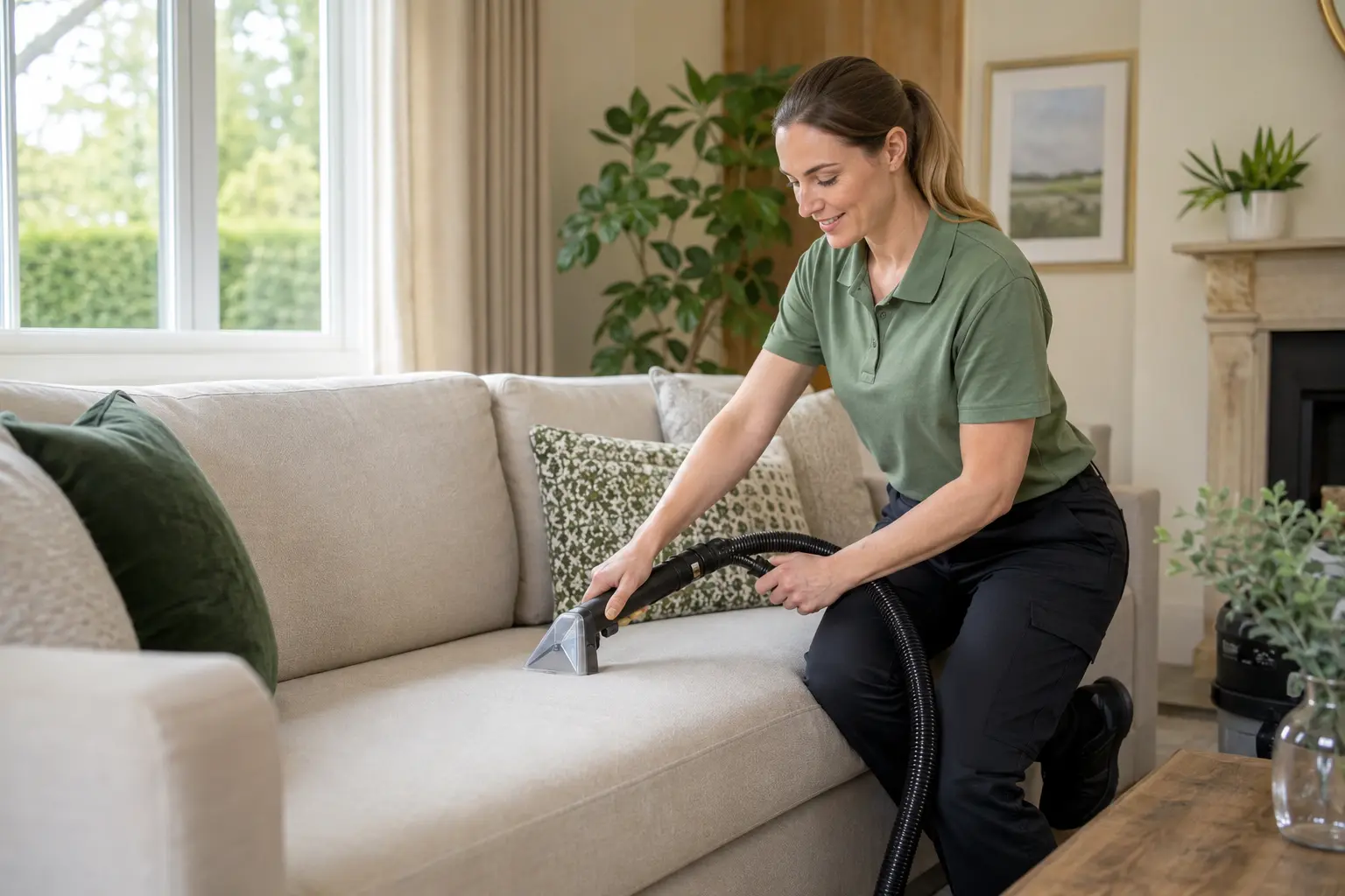 Professional female cleaner carefully cleaning a fabric sofa